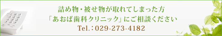 詰め物・被せ物が取れてしまった方 「あおば歯科クリニック」にご相談くださいTel.：029-273-4182